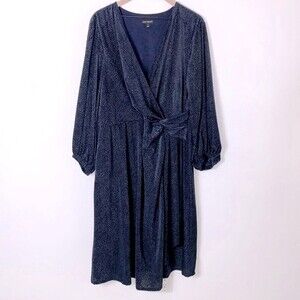 Lane Bryant Navy Blue Velvet Dot Faux Wrap Balloon Sleeve Dress Plus Sz 22